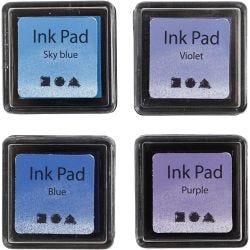Tampon encreur , H : 2 cm, dim. 3,5x3,5 cm, bleu, bleu ciel, violet, violet, 4 pièces/ 1 Pq.