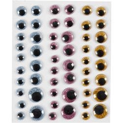 Yeux loucheurs, d 8+10+12+15 mm, bleu clair, or, rouge clair, 54 pièces/ 1 flles