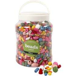 Perles en bois, dim. 5-28 mm, diamètre intérieur 2,5-3 mm, ass. de couleurs, 850 gr, 2 L/ 1 seau