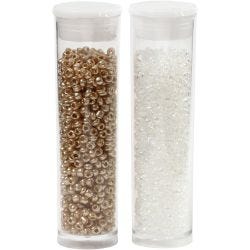 Perles de Rocaille, d 1,7 mm, dim. 15/0, diamètre intérieur 0,5-0,8 mm, blanc, 2x7 gr/ 1 Pq.