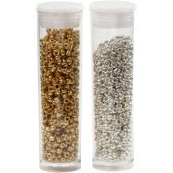 Perles de Rocaille, d 1,7 mm, dim. 15/0, diamètre intérieur 0,5-0,8 mm, or, argent, 2x7 gr/ 1 Pq.