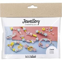 Mini Kit DIY Bijoux, Colliers, bracelets, boucles d’oreilles, bleu clair, rouge clair, jaune, 1 Pq.