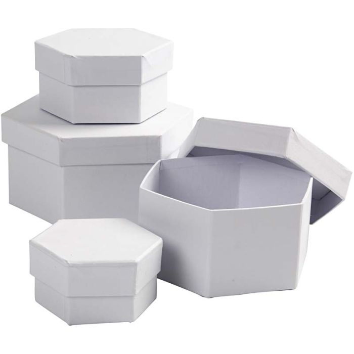 Hexagonale Dozen, afm 6,5x4 + 8x5 + 10x6 + 12x7 cm, wit, 4 stuk/ 1 set