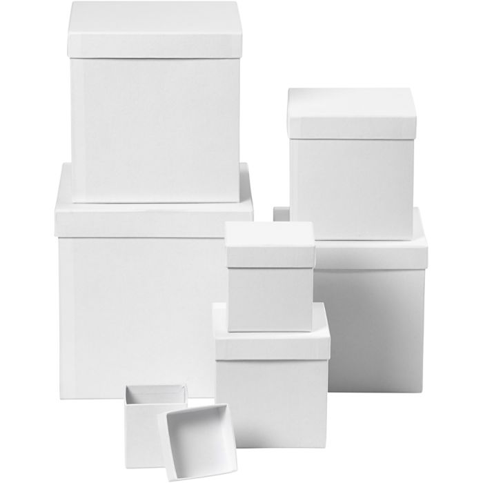 Vierkante dozen, vierkant, afm 7,5x7,5x7,5 + 10x10x10 + 13x13x13 + 15x15x15 + 18x18x18 + 20x20x20 + 23x23x23 cm, wit, 7 stuk/ 1 set