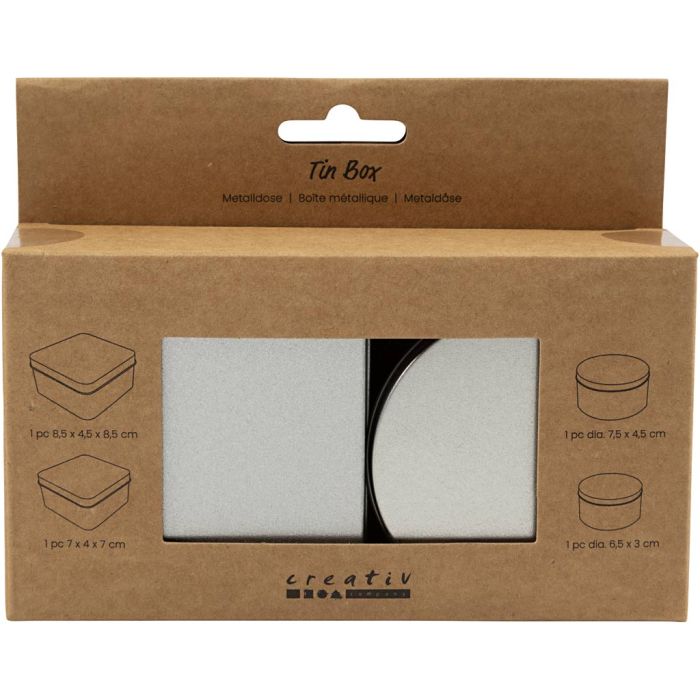 Blikje, Cirkel en vierkant, H: 3-4,5 cm, d 6,5+7,5 cm, afm 7x7+8,5x8,5 cm, grey metal, 4 stuk/ 1 doos