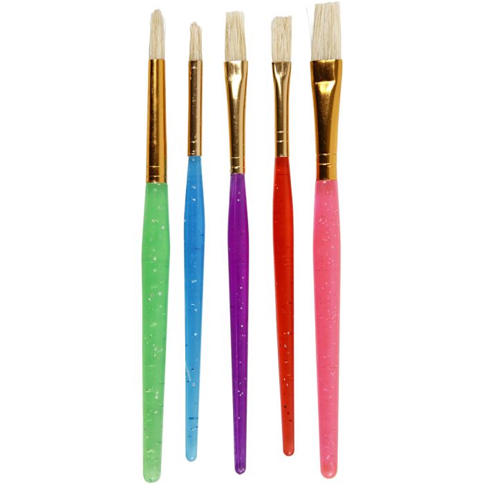 Pinceaux pour Enfants, dim. 8+12+18, L : 14-16 cm, L : 5-10 mm, Plat,rond, ass. de couleurs, 5 pièces/ 1 Pq.