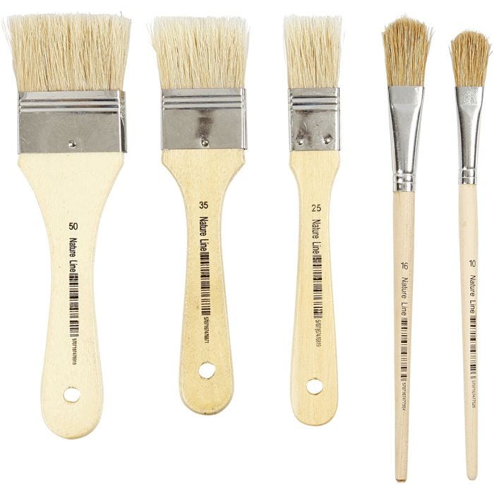 Pinceaux pour vernis, dim. 10+16+25+35+50, L : 18,5-21,5 cm, L : 13-50 mm, Plat, 10 pièces/ 1 Pq.