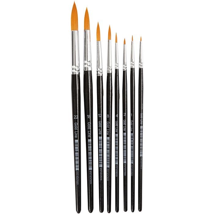 Pinceaux Gold Line, dim. 0+1+2+4+8+12+18+22, L : 16,5-21 cm, L : 1-8 mm, rond, 8 pièces/ 1 Pq.