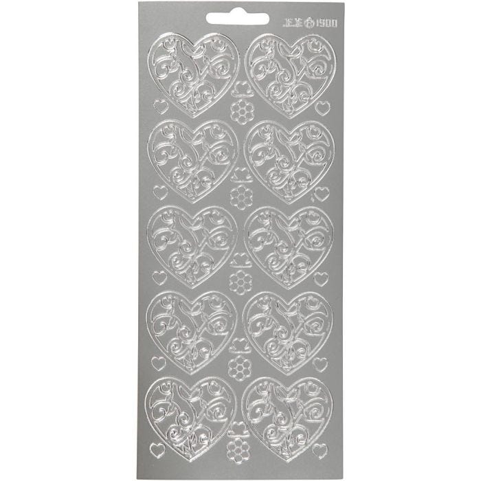 Autocollants, coeurs, feuille 10x23 cm, argent, 1 flles