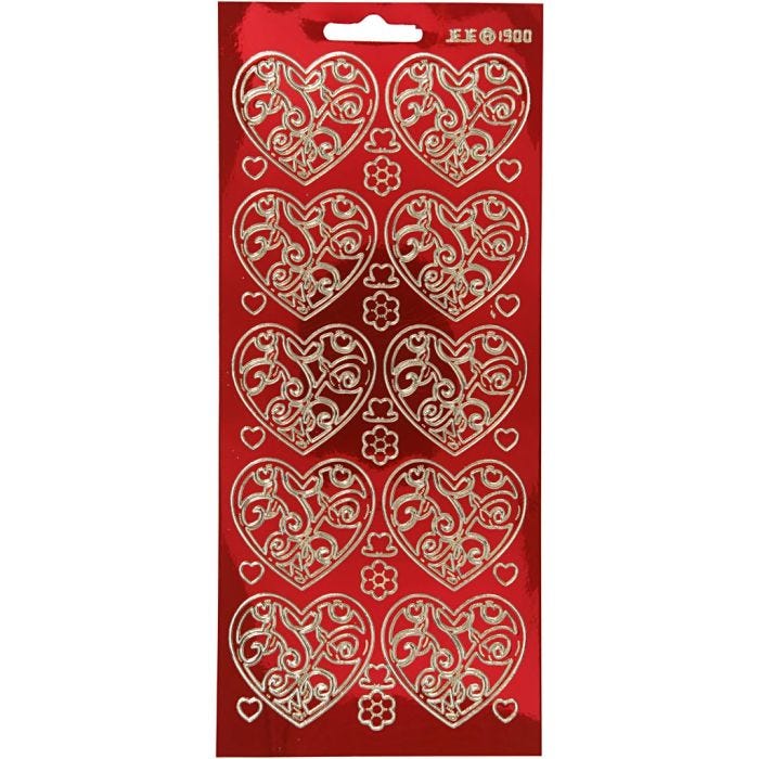Autocollants, coeurs, feuille 10x23 cm, or, rouge transparent, 1 flles