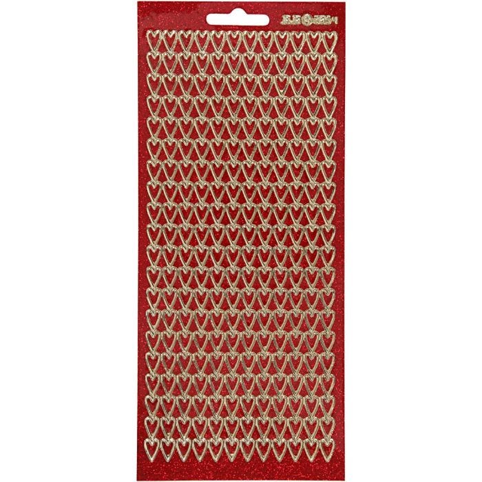 Autocollants, coeurs, feuille 10x23 cm, or, glitter rouge, 1 flles