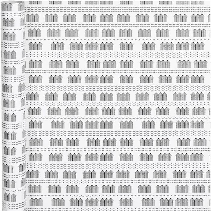 Papier cadeau, cabines de plage, L : 70 cm, 80 gr, noir, blanc, 4 m/ 1 rouleau