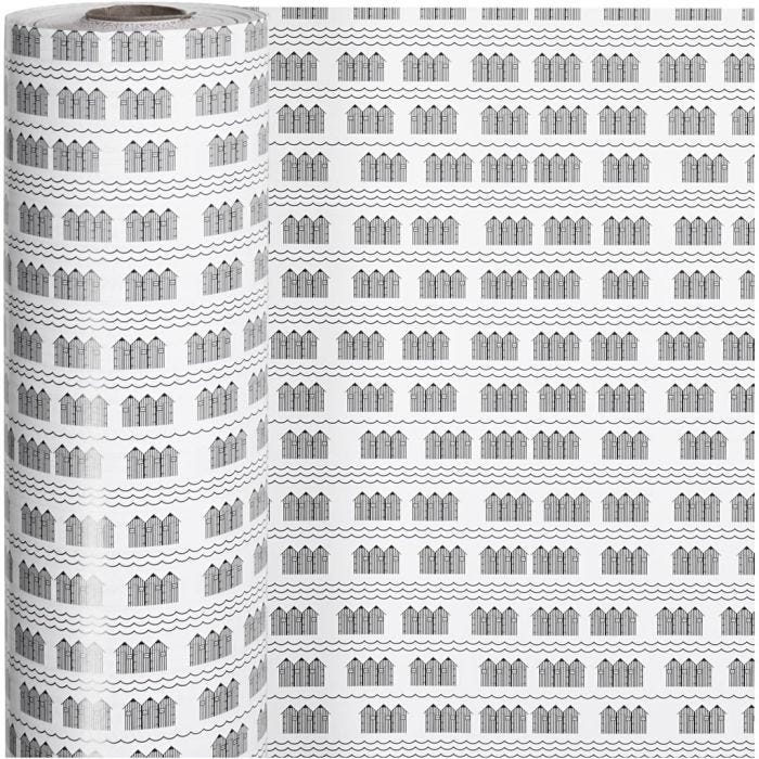 Papier cadeau, cabines de plage, L : 57 cm, 80 gr, noir, blanc, 150 m/ 1 rouleau