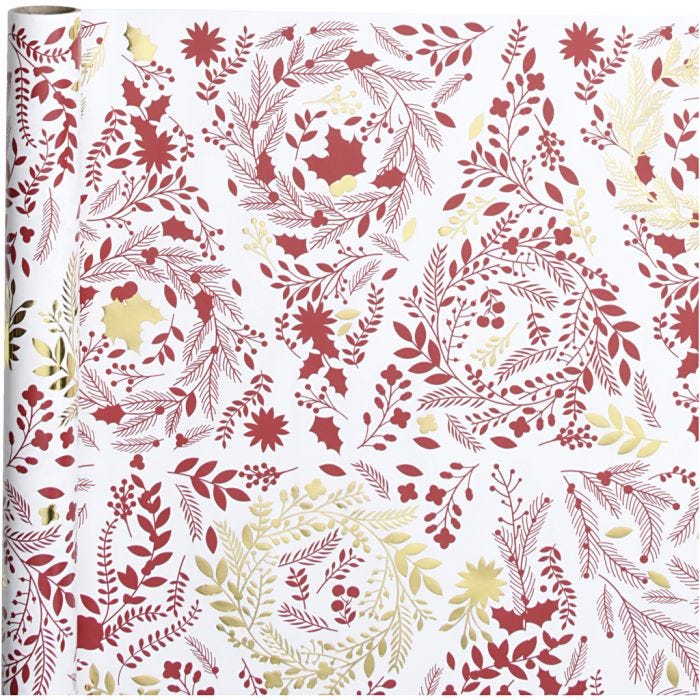 Papier cadeau, Sapins de Noël, L : 50 cm, 80 gr, or, rouge, blanc, 3 m/ 1 rouleau
