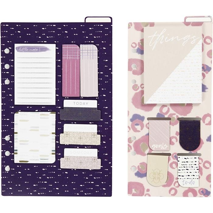 Assortiment de post-it et de marque-pages, dim. 10,3x22 + 13,8x22 cm, or, violet, rose, 2 flles/ 1 Pq.