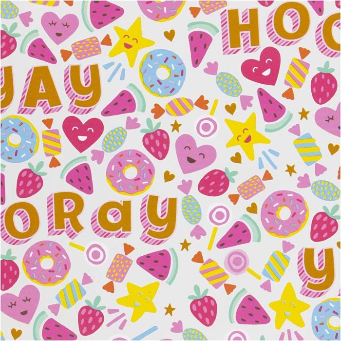 Papier cadeau, Bonbons, fruits et donuts, L : 50 cm, 80 gr, 5 m/ 1 rouleau