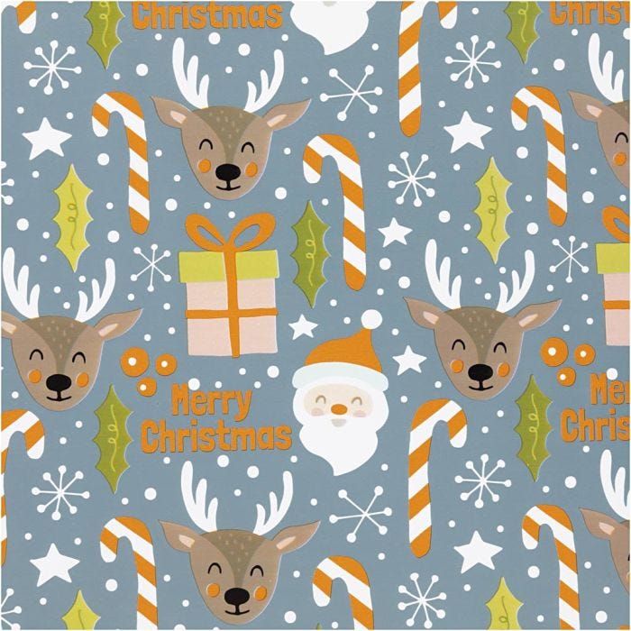 Papier cadeau, Père Noël, cadeau de Noël, sucette, renne, L : 50 cm, 80 gr, gris, 5 m/ 1 rouleau