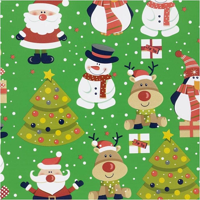 Papier cadeau, Père Noël, sapin de Noël, cadeau de Noël, renne, bonhomme de neige et pingouin, L : 50 cm, 80 gr, vert, 5 m/ 1 rouleau
