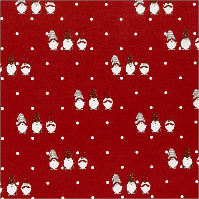 Papier cadeau, Nain de jardin Noël scandinave, L : 50 cm, 80 gr, rouge, 5 m/ 1 rouleau