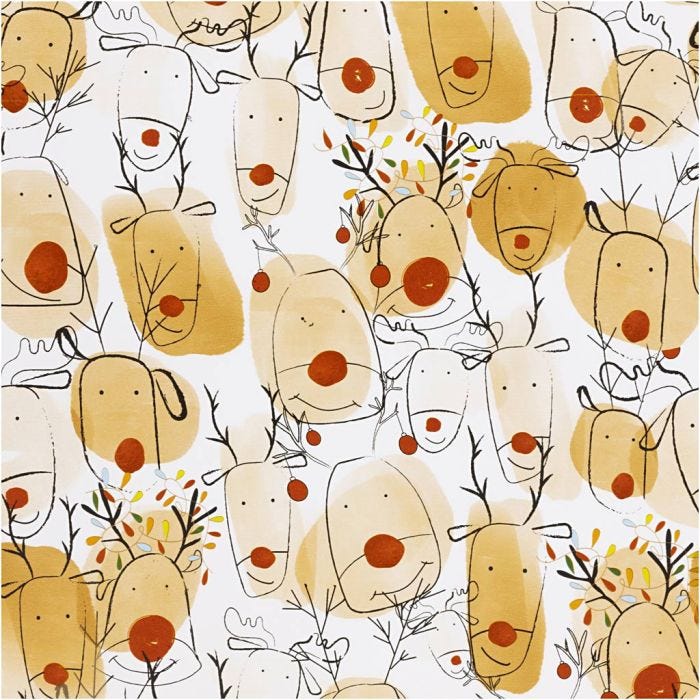 Papier cadeau, Renne, L : 50 cm, 80 gr, beige, rouge, 5 m/ 1 rouleau