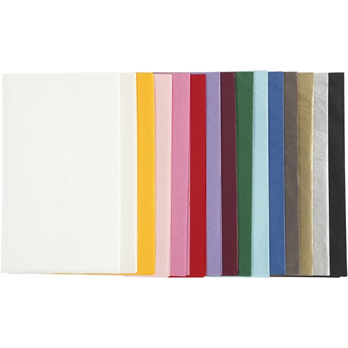 Papier de Soie, feuille 50x70 cm, 17 gr, ass. de couleurs, 15x2 flles/ 1 Pq.