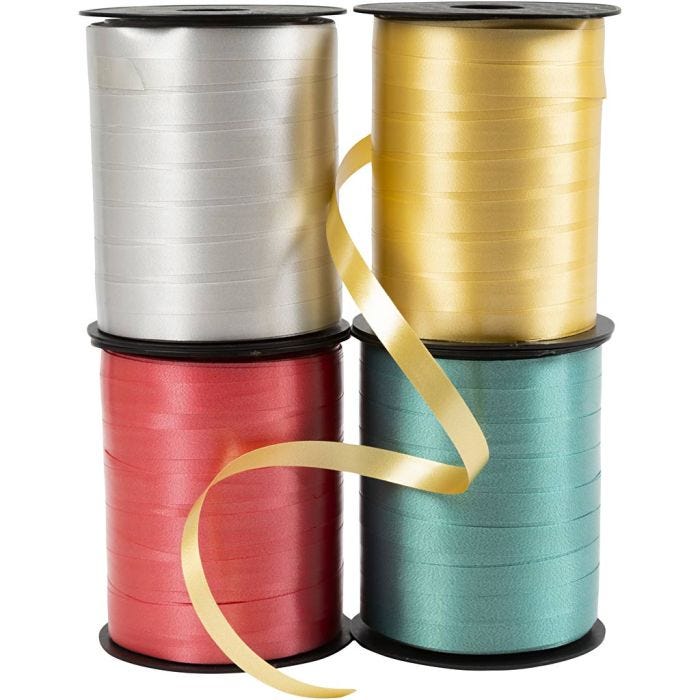 Ruban cadeau, L : 10 mm, brillante, or, vert, rouge, argent, 4x250 m/ 1 Pq.
