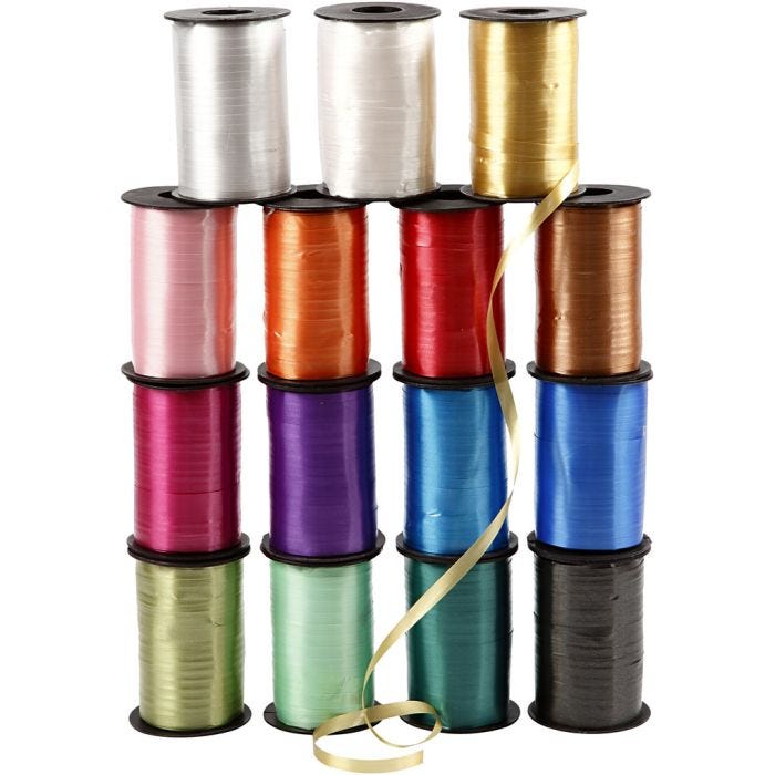 Ruban cadeau, L : 10 mm, brillante, ass. de couleurs, 15x250 m/ 1 Pq.