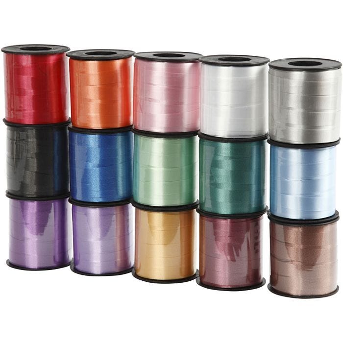 Ruban cadeau, L : 10 mm, brillante, ass. de couleurs, 15x50 m/ 1 Pq.