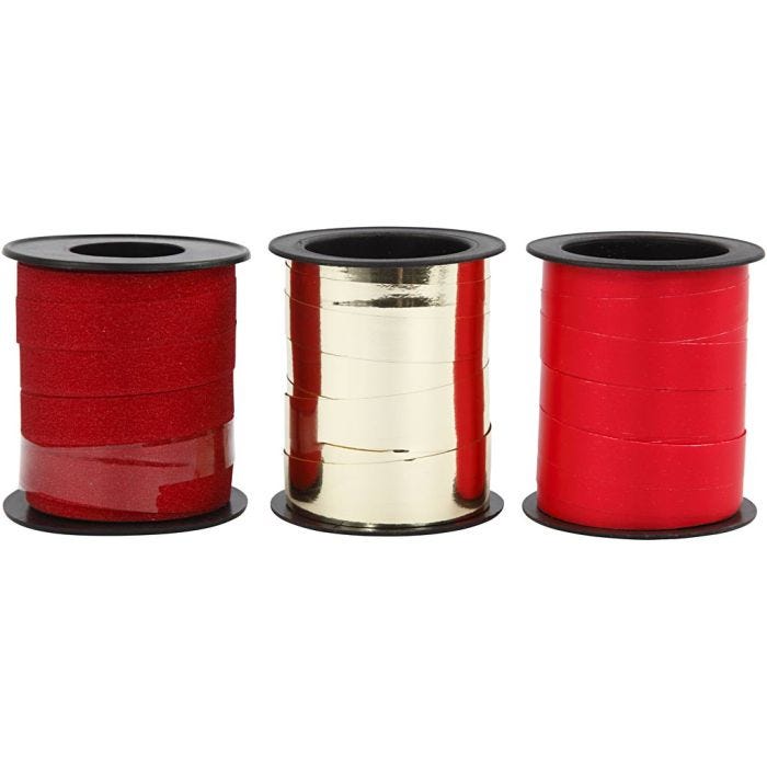 Ruban cadeau, L : 10 mm, or, rouge, glitter rouge, 3x15 m/ 1 Pq.