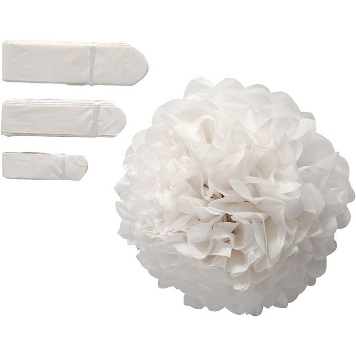 Pompons en papier, d 20+24+30 cm, 16 gr, blanc, 3 pièces/ 1 Pq.