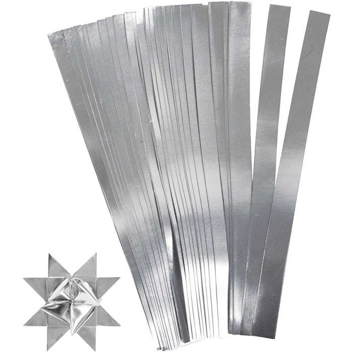 Bandes de papier étoiles, L : 45 cm, L : 10 mm, d 4,5 cm, argent, 100 bandes/ 1 Pq.