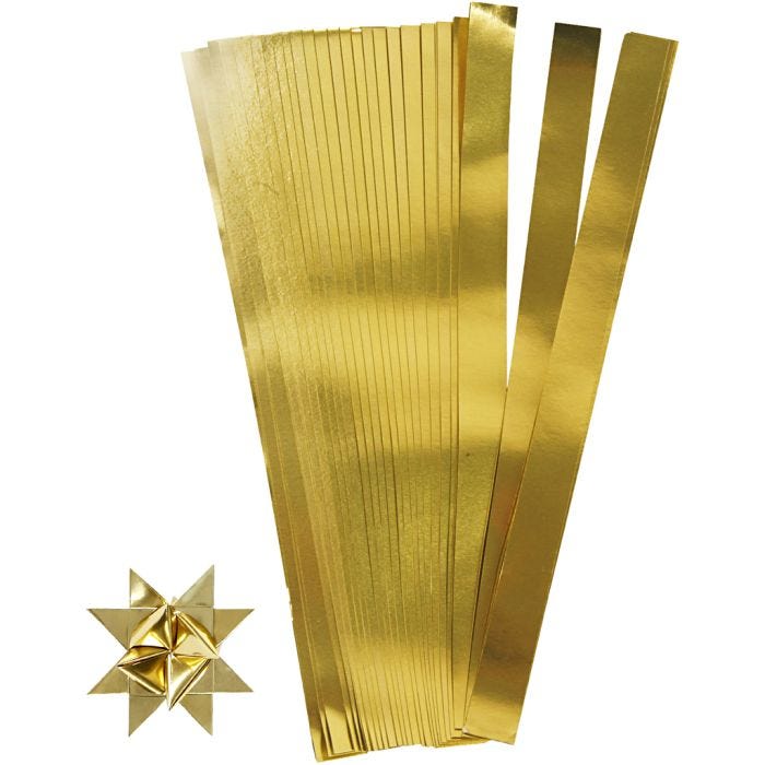 Bandes de papier étoiles, L : 73 cm, d 11,5 cm, L : 25 mm, or, 100 bandes/ 1 Pq.