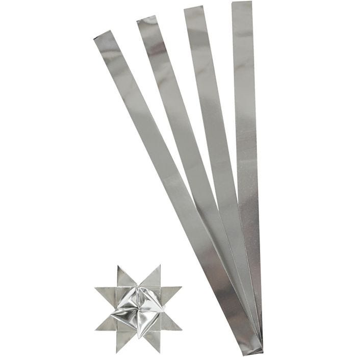 Bandes de papier étoiles, L : 73 cm, d 11,5 cm, L : 25 mm, argent, 100 bandes/ 1 Pq.