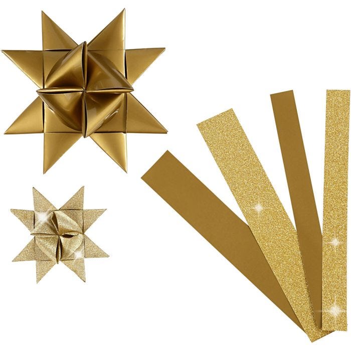 Bandes de papier étoiles, L : 44+78 cm, L : 15+25 mm, d 6,5+11,5 cm, paillettes,vernis, or, 40 bandes/ 1 Pq.