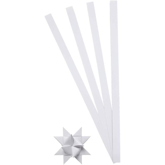Bandes de papier étoiles, L : 45 cm, L : 10 mm, d 4,5 cm, blanc, 100 bandes/ 1 Pq.
