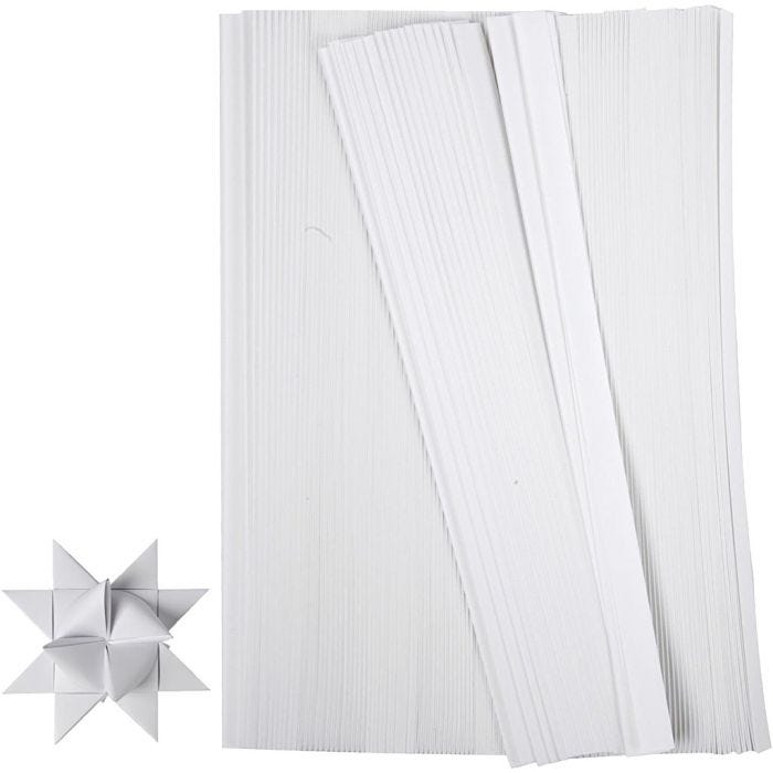 Bandes de papier étoiles, L : 45 cm, d 4,5 cm, L : 10 mm, blanc, 500 bandes/ 1 Pq.