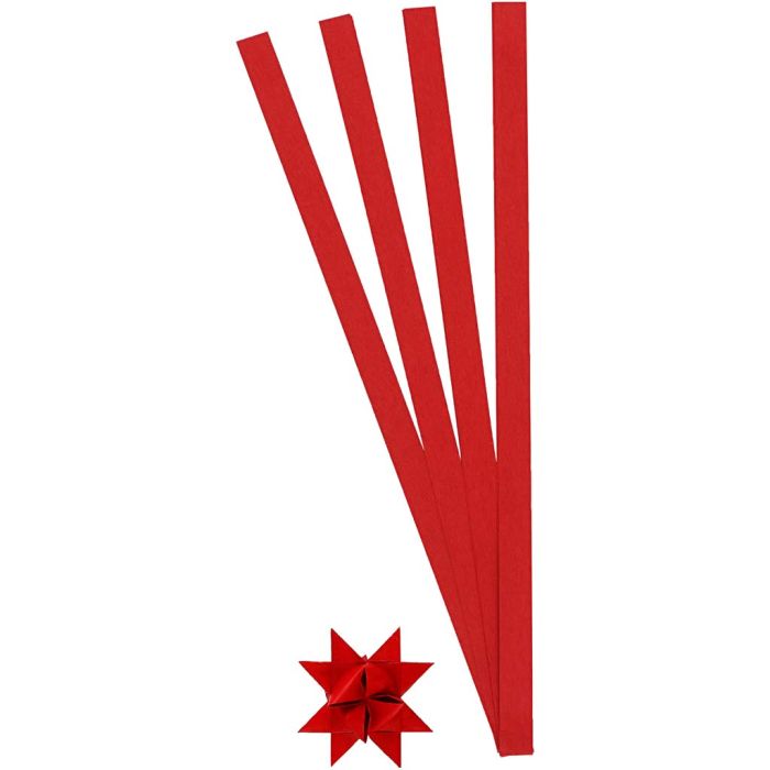 Bandes de papier étoiles, L : 45 cm, L : 10 mm, d 4,5 cm, rouge, 100 bandes/ 1 Pq.