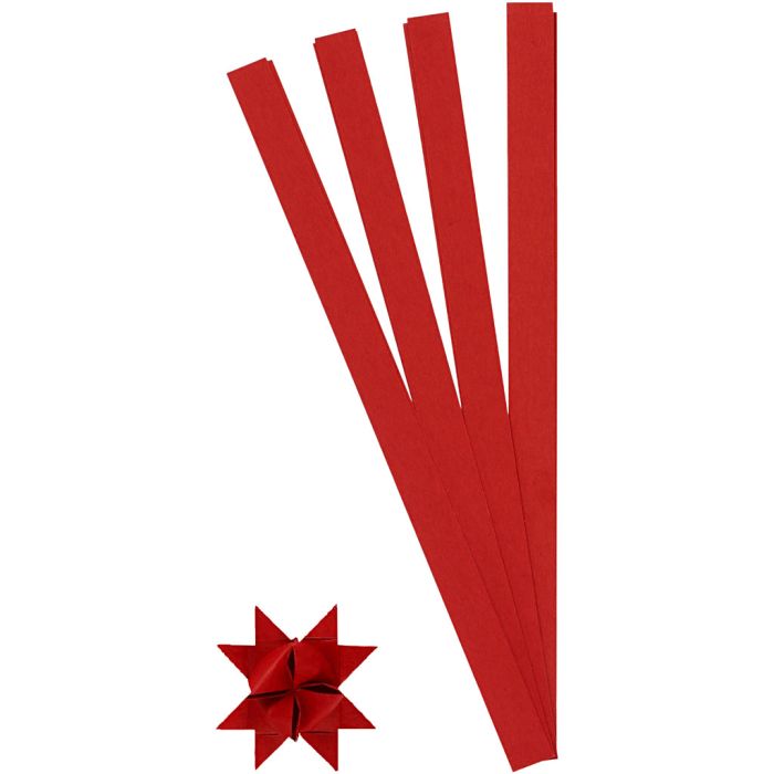 Bandes de papier étoiles, L : 45 cm, d 6,5 cm, L : 15 mm, rouge, 100 bandes/ 1 Pq.