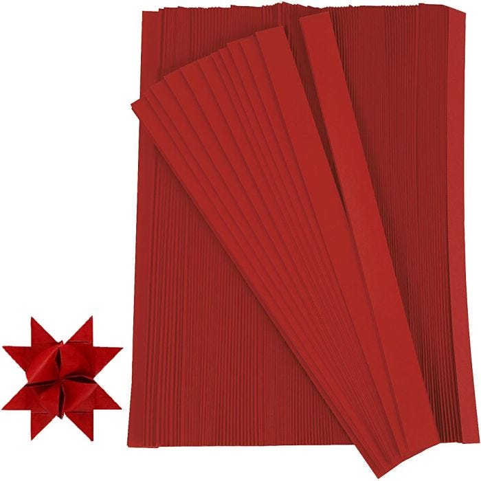 Bandes de papier étoiles, L : 45 cm, d 6,5 cm, L : 15 mm, rouge, 500 bandes/ 1 Pq.