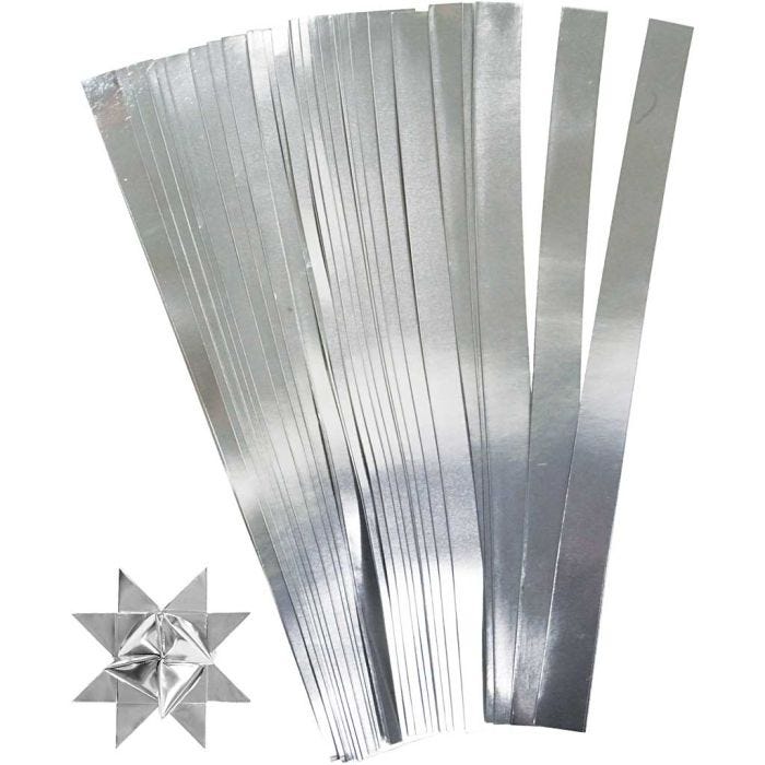 Bandes de papier étoiles, L : 45 cm, L : 15 mm, d 6,5 cm, argent, 100 bandes/ 1 Pq.