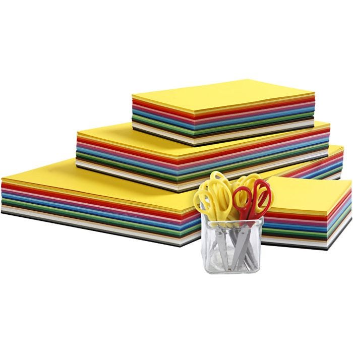 Gekleurd karton en kinderscharen, A3,A4,A5,A6, 180 gr, diverse kleuren, 1 set