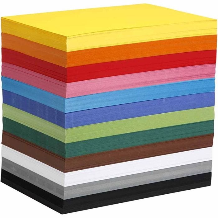 Papier cartonné coloré, A4, feuille 210x297 mm, 180 gr, ass. de couleurs, 1200 flles ass./ 1 Pq.