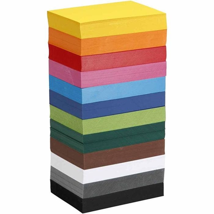 Papier cartonné coloré, A6, feuille 105x148 mm, 180 gr, ass. de couleurs, 12x100 flles/ 1 Pq.