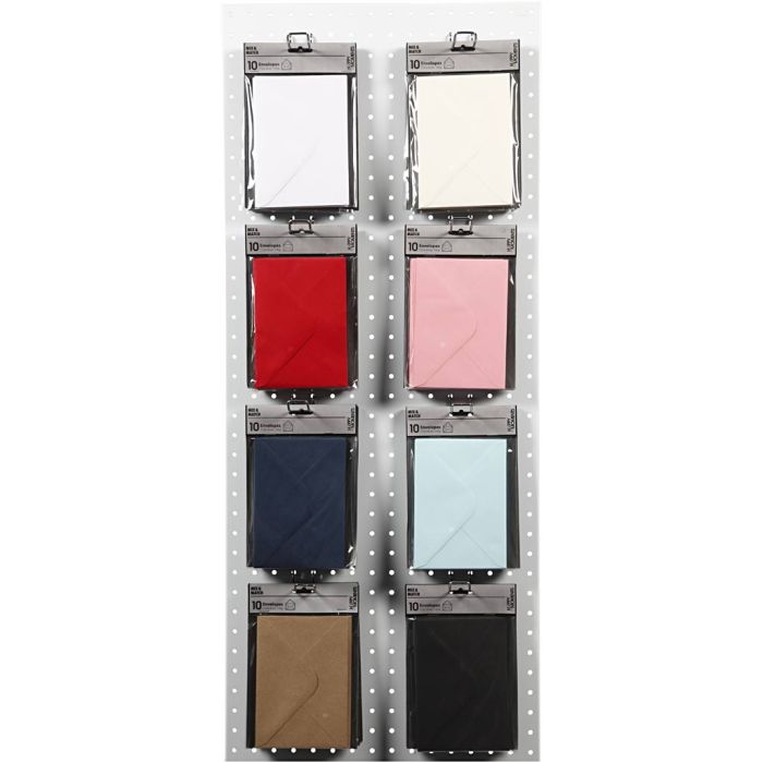 Enveloppes, dimension enveloppes 11,5x16 cm, 110 gr, noir, bleu, rouge, blanc, 8x10 Pq./ 1 Pq.