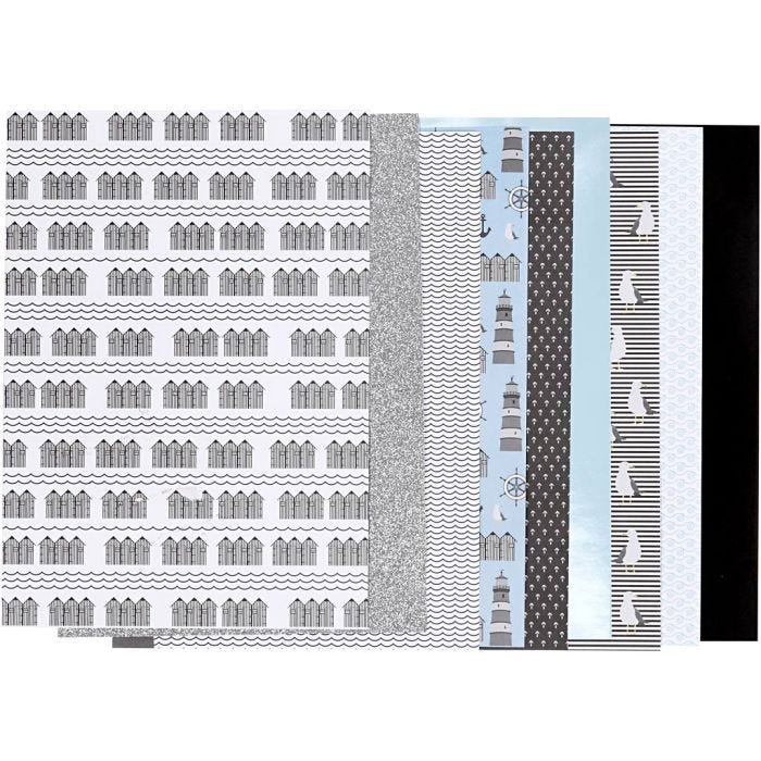Bloc de papier design, dim. 21x30 cm, 120+128 gr, noir, bleu, gris, blanc, 24 flles/ 1 Pq.