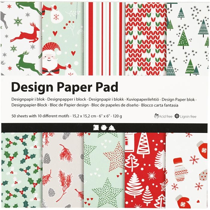 Bloc de papier design, feuille 15,2x15,2 cm, 120 gr, vert, rouge, blanc, 50 flles/ 1 Pq.