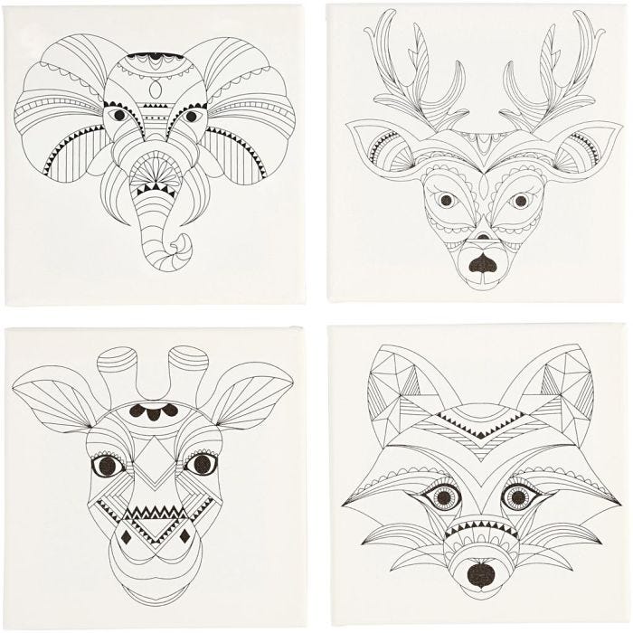 Toile avec impression, animaux, dim. 20x20 cm, 280 gr, blanc, 4 pièces/ 1 Pq.
