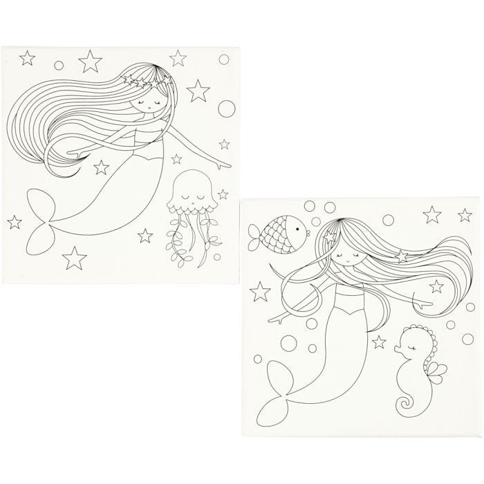 Toile avec impression, sirène, dim. 20x20 cm, 280 gr, blanc, 2 pièces/ 1 Pq.