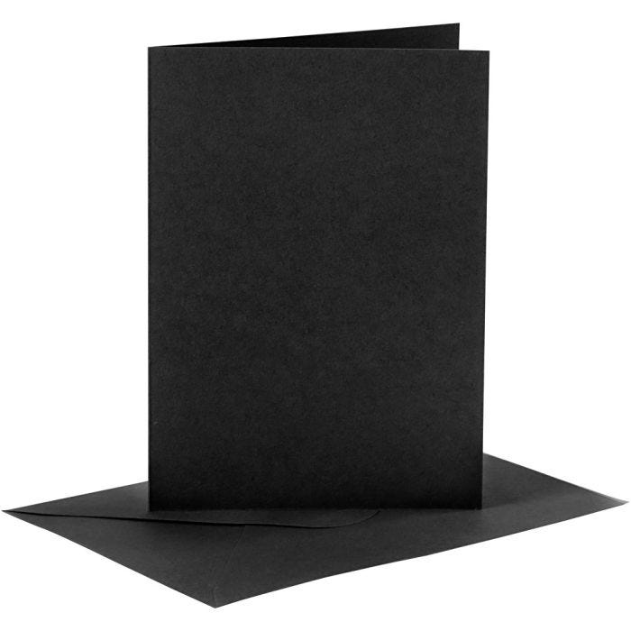 Cartes et enveloppes, dimension carte 10,5x15 cm, dimension enveloppes 11,5x16,5 cm, 110+230 gr, noir, 6 set/ 1 Pq.