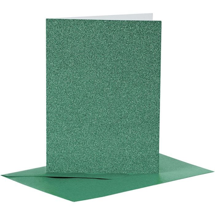 Cartes et enveloppes, dimension carte 10,5x15 cm, dimension enveloppes 11,5x16,5 cm, paillettes, 110+250 gr, vert, 4 set/ 1 Pq.
